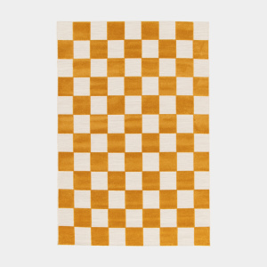 Tapis motif damier Marius jaune moutarde et écru, style graphique moderne