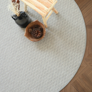 Tapis rond intérieur et extérieur Timika blanc craie galon gris - vue de haut
