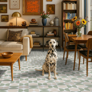 Ambiance chaleureuse avec le sol vinyle Mood à motif vert dans un salon avec chien