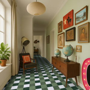 Sol Vinyle Mood Maison Vichy Vert, ambiance douce et lumineuse dans un couloir