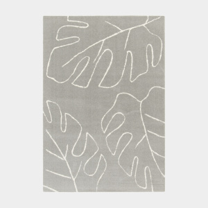 Tapis de salon en velours - Palme - Motif feuille écru et gris clair