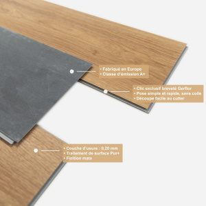 Lame vinyle - Gerflor Senso 20 Lock - Bark Honey présentant la composition multicouche de la lame clipsable