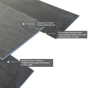 Dalle vinyle - Gerflor Senso Clic 3 - Shale black avec schéma détaillant la conception de la dalle PVC clipsable