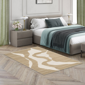 Tapis Stone marron clair aux motifs organiques dans chambre élégante et apaisante