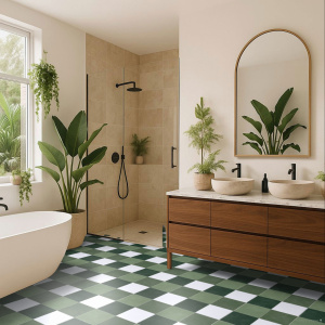 ol Maison Vichy vert dans une salle de bain végétale au style naturel