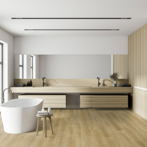 Lame vinyle clipsable - Gerflor R55 Lock+ Acoustic - Selma honey clear dans une salle de bain sobre aux matières naturelles