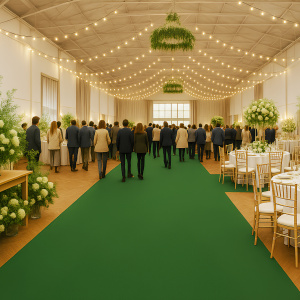Moquette filmée Stand Event - Vert olive déroulée pour salle de conférence fleurie