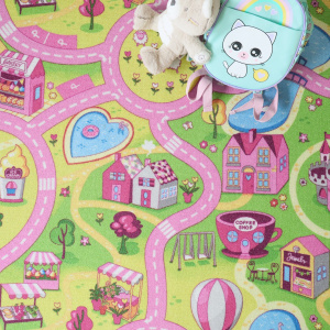 Moquette de jeu enfant circuit de voiture shopping avec détails de ville et commerces