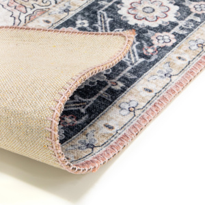 Tapis doux à motif oriental - Yasmine - Bleu nuit et rose - envers