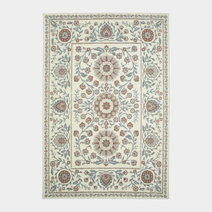 Tapis Minia Brume en tissu chenille recyclé aux nuances bleu gris et terracotta