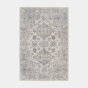 Tapis à motif oriental en tissus chenille recyclé - Yanis - Gris et bleu