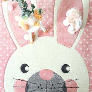 Tapis enfant fille - Lapin blanc - Rose pastel à pois - Sans perspective