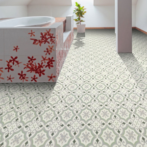 Sol vinyle textile économique effet carreaux de ciment arabesques vert et gris - salle de bain