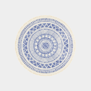 Tapis rond en coton blanc à franges - Aztèque - Motifs bleu