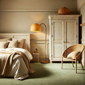 Moquette Re-life Vert kaki en fibres polyester recyclé dans une chambre cosy aux tons naturels et ambiance contemporaine