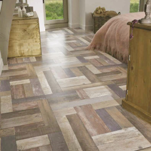 Sol PVC Smart effet bois recyclé dans chambre, ambiance chaleureuse et originale
