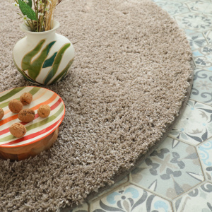 Tapis rond Icône shaggy marron dans un salon cosy avec coussins et objets décoratifs