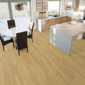 Sol PVC clipsable chêne doré mat adapté cuisine et salle à manger