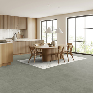 Dalle vinyle - Gerflor Senso Unik - Suave grey dans une cuisine ouverte avec espace repas en bois