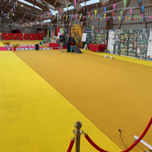 Moquette Stand Event - Jaune safran installée dans un hall d'exposition avec allée événementielle protégée