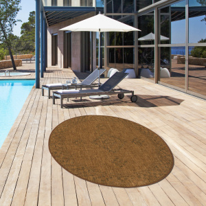 Tapis rond d'intérieur ou d'extérieur aspect naturel - Kira - Camel - terrasse
