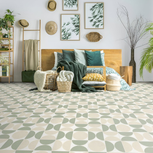 Tapis sur mesure motifs verts graphiques dans une chambre lumineuse - Atelier Bauhaus