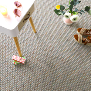 Moquette tissé plat Natté Sumatra Silver multicolor vue de dessus avec plante et accessoires déco