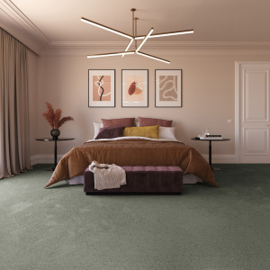 Moquette résistante aux taches Chromaluxe Vert de gris dans une chambre élégante et fonctionnelle