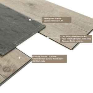 Lame vinyle - Gerflor Senso Clic 3 - Pecan nature avec vue éclatée des différentes couches du revêtement