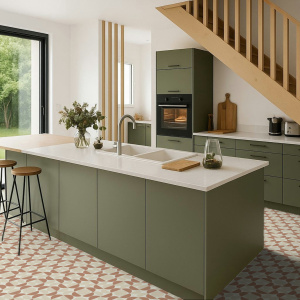 Tapis graphique terracotta et crème dans cuisine verte avec îlot central