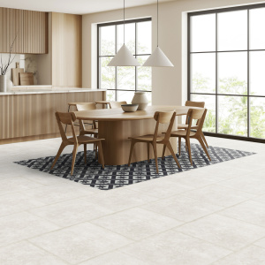 Dalle vinyle - Gerflor Senso Unik - Cordoba black associé à un sol clair dans une cuisine avec espace repas