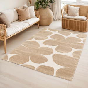 Tapis Flower Power marron clair, ambiance zen et naturelle dans salon lumineux