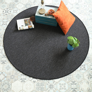 Tapis rond intérieur et extérieur Timika gris ardoise galon noir - vue de loin