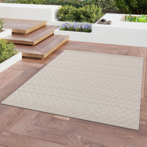 Tapis Prisma Beige motif losanges, déco chic pour terrasse en bois