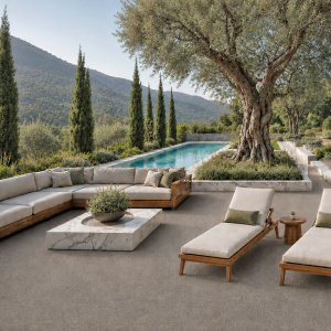 Mise en situation de la moquette d’extérieur beige sable sur une terrasse contemporaine