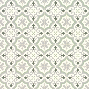 Sol vinyle textile économique effet carreaux de ciment arabesques vert et gris