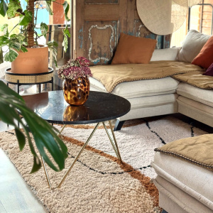 Tapis Courbes du Désert beige et marron dans salon lumineux ambiance douce et naturelle