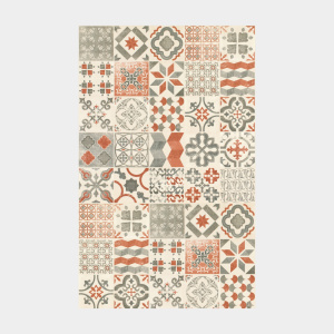 Tapis Vinyle imitation carreaux de ciment rouge brique, motifs géométriques vintage