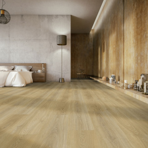 Lame vinyle clipsable - Gerflor R55 Lock+ Acoustic - Selma honey clear dans une chambre aux murs minéraux et mobilier en bois