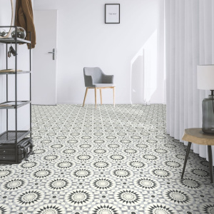 Revêtement PVC Sol Vinyle Style - Carreaux de ciment motif mosaïque noir style design et fantaisie