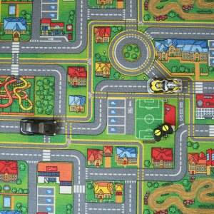 Moquette enfant circuit ville avec bâtiments, ronds-points et routes graphiques