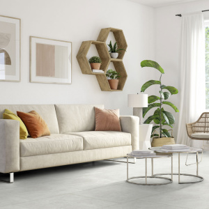 Dalle vinyle - Gerflor Senso Unik - Suave beige dans un salon lumineux au style naturel et contemporain