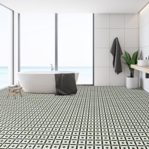 Salle de bain épurée avec Sol Vinyle Style à carreaux de ciment noir et blanc