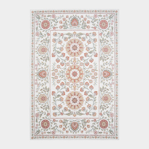 Tapis souple Minia Pêche en tissu chenille recyclé, design floral revisité sur fond clair