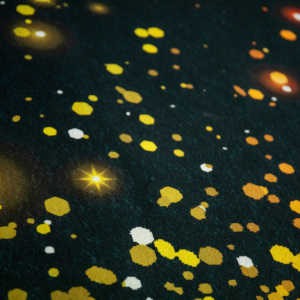 Détail éclats lumineux jaunes sur moquette Stand imprimée Jeu de lumière