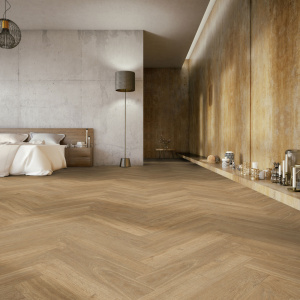Lame vinyle - Gerflor Senso Unik HB - Madera natural dans une chambre élégante avec sol effet parquet en chevrons