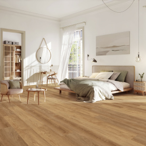 Lame vinyle clipsable - Gerflor R55 Lock+ Acoustic - Woody medium, décor bois brun dans un espace nuit lumineux