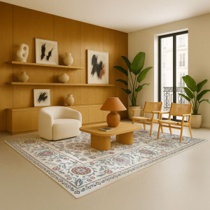 Décoration salon avec tapis souple recyclé Minia Brume aux teintes douces et élégantes