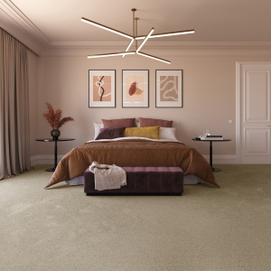 Moquette résistante aux taches Chromaluxe Beige dans une chambre haut de gamme au décor épuré