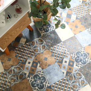 Sol PVC Best - Carreaux Art Déco - Terre de Sienne et Bleu Gris - Vue de haut